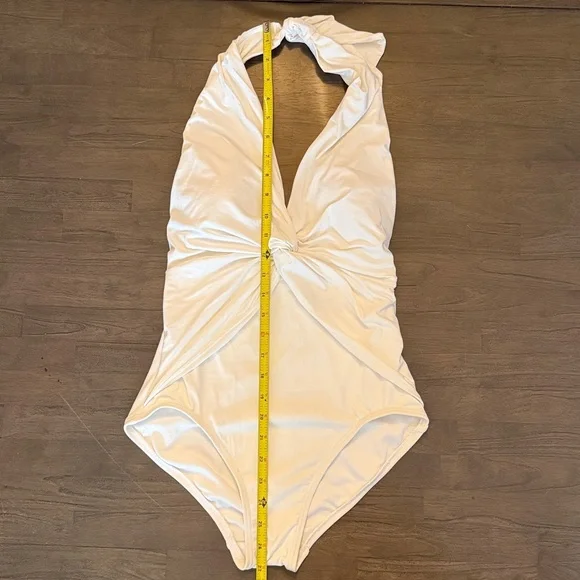 Michael Kors White Ruched V-Neck Halter One Piece Swimsuit - 6 - Picture 16 of 16